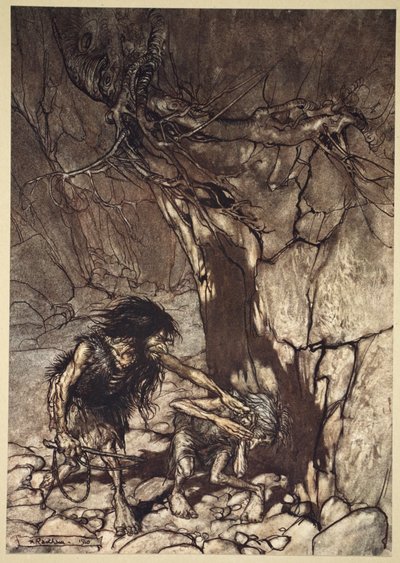 Mime嚎叫&39;哦！大江！哦!哦！&39;，来自&39;The Rhinegold and the Valkyrie&39;的插图，1910年 作者 Arthur Rackham
